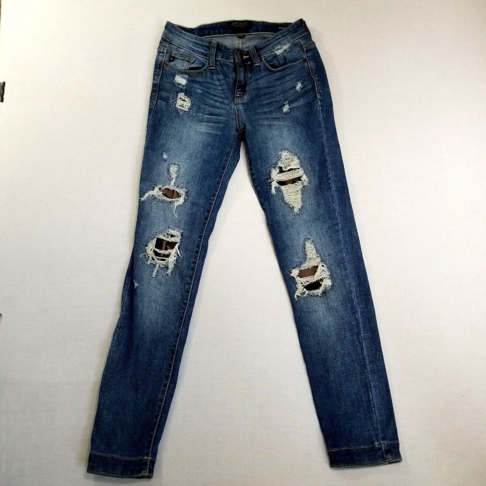 Judy Blue Jeans Skinny Fit Distressed Mid Rise Sz 3/26 w cow print fabric 26x27